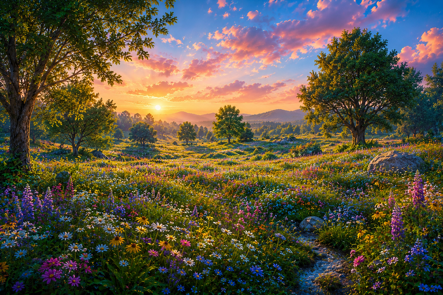 Blühende Lorimlandschaft bei Sonnenaufgang